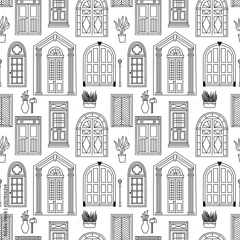 Doors scandinavian seamless pattern. Ideal for background, wallpaper, textile, backdrop, wrapping paper. Pattern design.