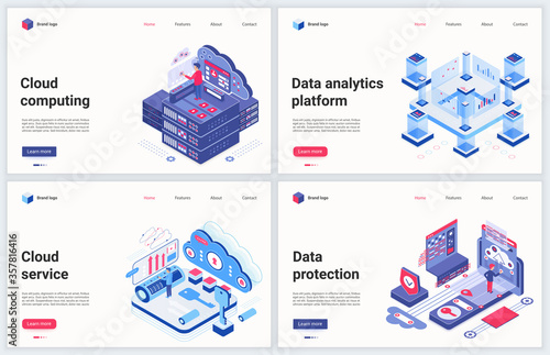 Isometric cloud data service vector illustration. Creative concept banner set, interface website design with cartoon 3d modern cloud datacenter platform storage, futuristic digital network technology