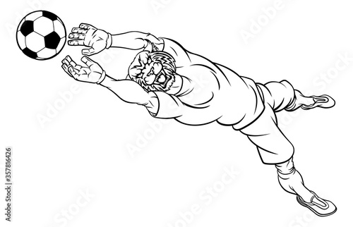 A wildcat soccer football player goal keeper cartoon animal sports mascot diving to catch the ball