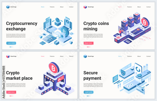 Isometric cryptocurrency blockchain technology vector illustration. Creative concept banner set, website design with cartoon 3d investment in crypto currency mining farm, exchange in crypto market