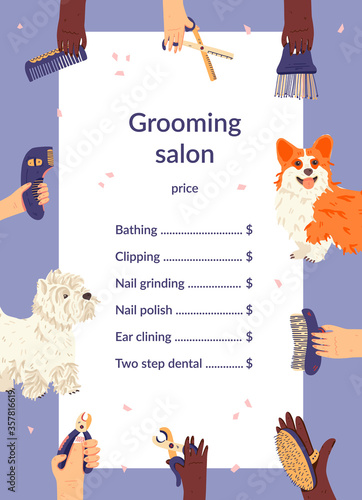 Grooming salon price list template flat vector illustration. West Highland White Terrier or Westie and Pembroke Welsh Corgi with groomers hands around. Pet care tools.