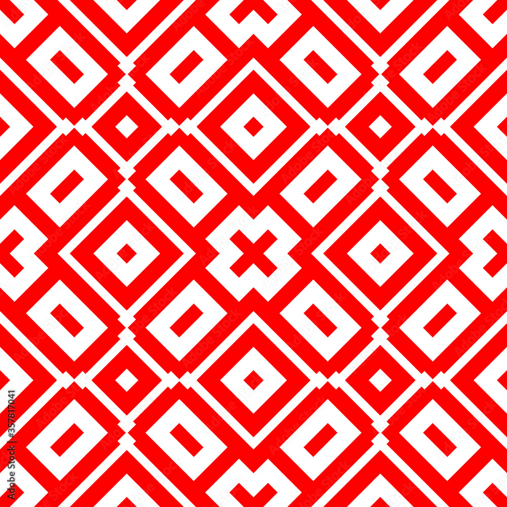 Red repeated geometric figures on white background. Seamless surface pattern design with symmetrical rhombuses, rectangles and crosses ornament. Polygons wallpaper. Geometrical motif. Digital paper.