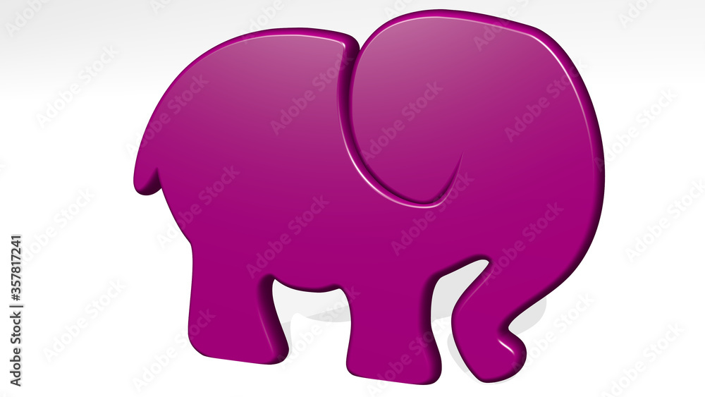 baby elephant from a perspective on the wall. A thick sculpture made of metallic materials of 3D rendering
