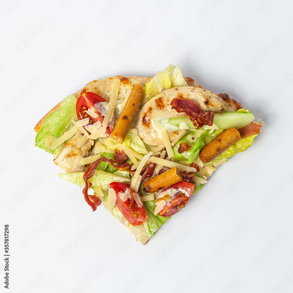 Piece of pizza with salad, tomatoes and chicken meat Piece of pizza with salad, tomatoes and chicken meat