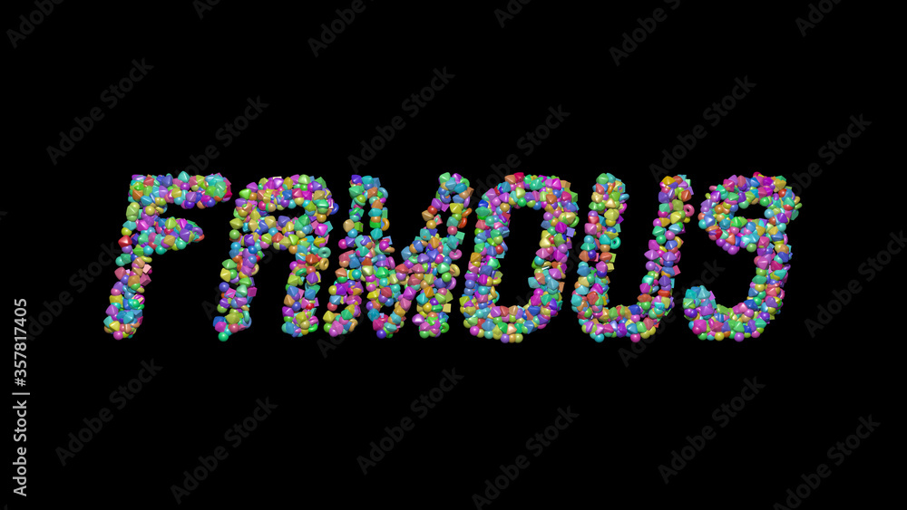 Colorful 3D writting of famous text with small objects over a dark background and matching shadow