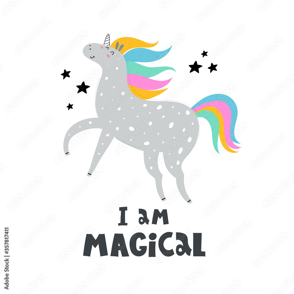 I am magical. Cartoon unicorn, hand drawing lettering, decor elements. Colorful vector illustration for kids, flat style. baby design for card, print, poster, cover. I am magical. Cartoon unicorn, hand drawing lettering, decor elements. Colorful vector illustration for kids, flat style. baby design for card, print, poster, cover.