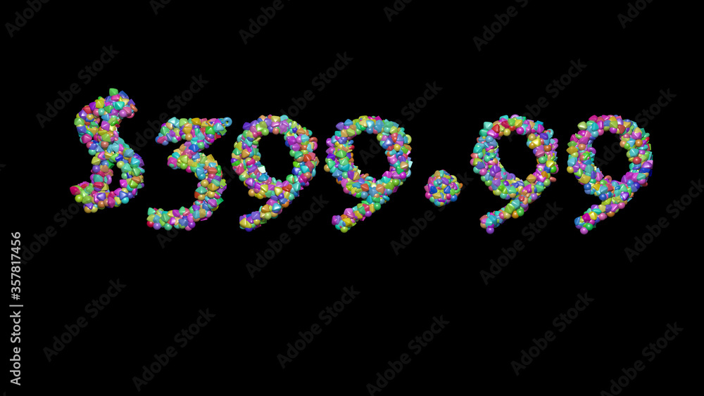 $399.: 3D illustration of the text made of small objects over a black background with shadows