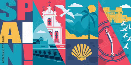 Spain vector skyline illustration, postcard. Travel concept image in modern flat graphic design banner