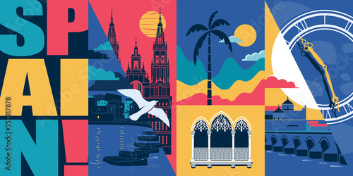 Spain vector skyline illustration, postcard. Travel to Spain modern flat graphic design element