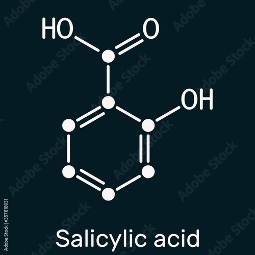 Salicylic acid molecule. It is a type of phenolic acid. Skeletal chemical formula