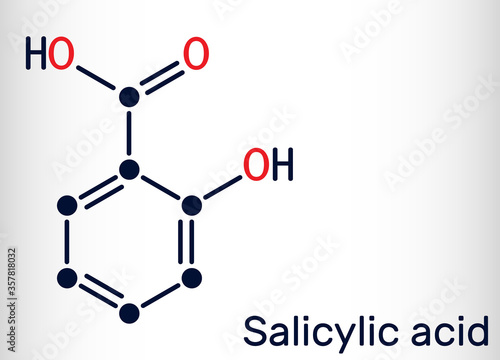 Salicylic acid molecule. It is a type of phenolic acid. Skeletal chemical formula