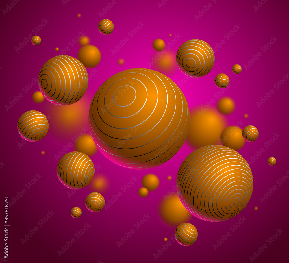 Fototapeta premium Abstract spheres vector background, composition of flying balls decorated with lines, 3D mixed realistic globes, realistic depth of field effect.