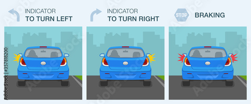 Car driving signals guide. Turning right, left and braking lights. Flat vector illustration.
