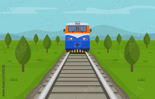 Train crossing the summer steppe. Front view. Flat vector illustration.