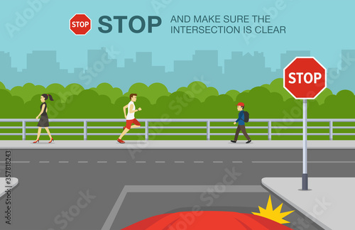 Driving a car. Stop road sign rule. Car stopped at crossroad. Flat vector illustration.