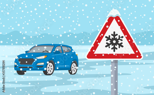 Traffic sign warns of snow and ice. Winter season suv car. Perspective view. Flat vector illustration.