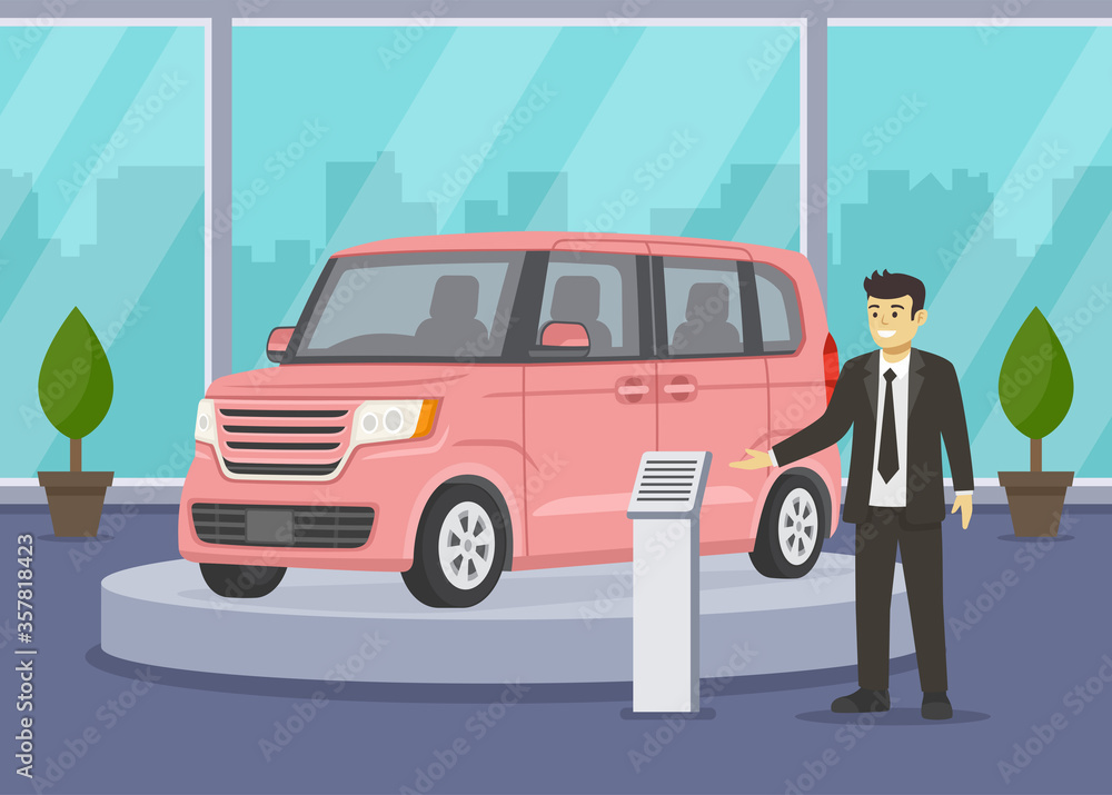 Kei car showroom. Interior view. Smiling company manager welcoming customers. Flat vector illustration. Kei car showroom. Interior view. Smiling company manager welcoming customers. Flat vector illustration.