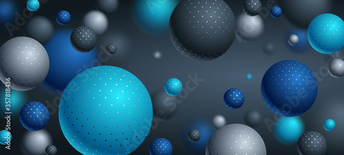 Abstract dotted spheres vector background, composition of flying balls decorated with dots, 3D mixed realistic globes, realistic depth of field effect. © Sylverarts