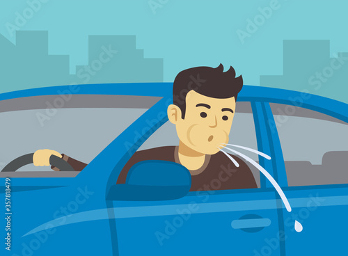 Young driver spitting on road. Close up view. Flat vector illustration.