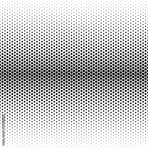 Seamless monochrome Halftone pattern. Transitions large to small black dots isolated on white background. Vector retro illustration in pop art style. Comic polka dots texture. Gradient Grunge Backdrop