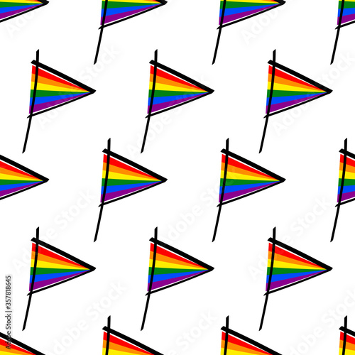 LGBT Flag Seamless Pattern. Triangular rainbow colored flags isolated on white background. Hand-drawn color symbol of tolerance, gays, lesbians, transgender, equality, freedom. Vector illustration