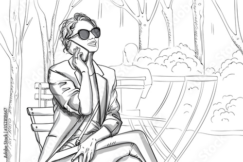 Joyful woman in sunglasses and suit talking on the phone in park. Line art