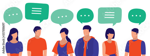 People With Speech Bubbles. Young Men And Women Communicate With One Another. Social Media, Communication And Business Networking Concept. Vector Flat Cartoon Illustration.    