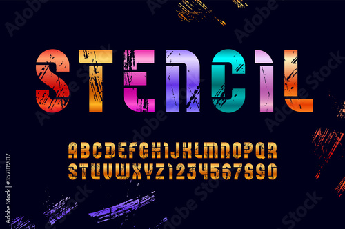 Stencil colored font, condensed bold bright alphabet, modern uppercase letters and numbers, for your design, vector illustration 10EPS
