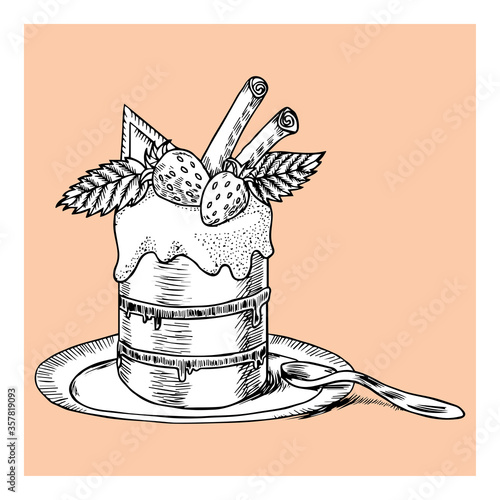 Vector beautiful dessert. Delisious cake with strawberry and chocolate on plate. Outline hand drawn illustration for print, cook book, cafe menu, decoration, packaging, bages. Isolated art for design.