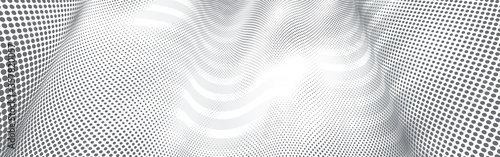 Vector abstract monochrome dotted texture and lines background with dimensional perspective, technology and science theme, big data flow, geometric 3D design.