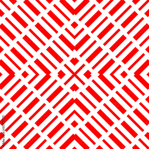 Repeated red geometric figures on white background. Seamless surface pattern design with symmetrical rectangles and brackets ornament. Polygons wallpaper. Diagonal dashed lines motif. Digital paper