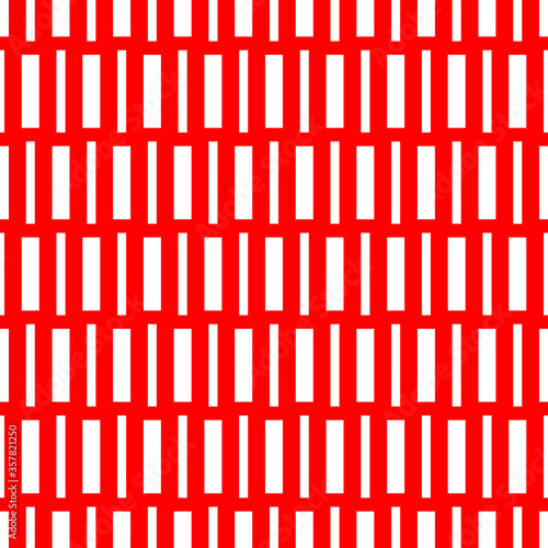 Repeated white geometric figures on red background. Seamless surface pattern design with symmetrical rectangles ornament. Polygons wallpaper. Dashed lines motif. Digital paper with stripes. Vector