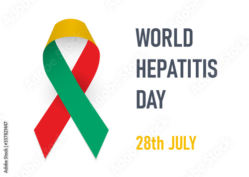 World hepatitis day. Red, yellow and jade green ribbon as symbol hepatitis A,B,C awareness. Vector illustration on white background
