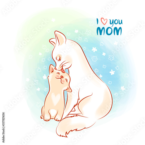 Baby cat with mom illustration with phrases in sketch style, Cute vector with funny pets, can be used for your design or print t-shirt or textile, fabric or anything else, vector illustration 10eps