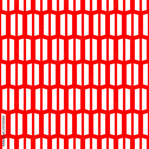Repeated white geometric figures on red background. Seamless surface pattern design with symmetrical quadrangles ornament. Polygons wallpaper. Strokes and lines motif. Digital paper with stripes.
