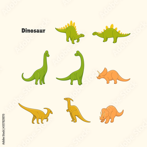 Cartoon animal characters. Set of dinosaurs - ceratops, parasaurolophus, brachiosaurus, stegosaurus. © Lili Kudrili