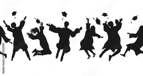 Seamless border with graduate students in graduation clothing jumping and throwing the mortarboard high into the air. Flat vector illustration pattern isolated on white