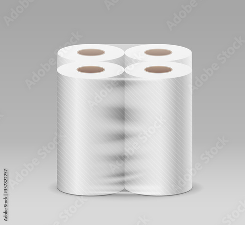 Plastic long roll toilet paper one package four roll, design on gray background, vector illustration