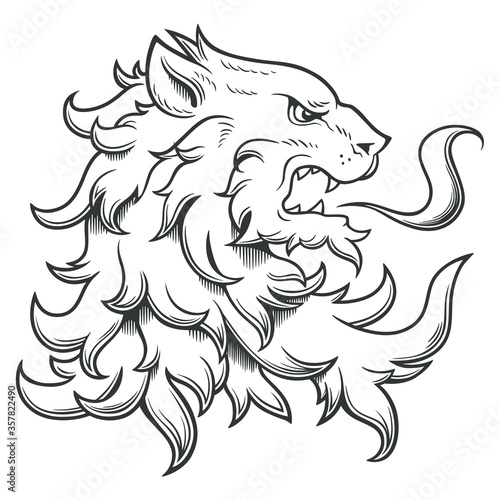 Heraldic lion head ink drawing