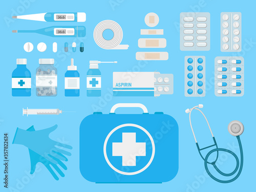  First aid kit box with medical equipment and medicines on a blue background top view. Flat style. Vector stock illustration for design. Hospital and patient diagnosis. Elements for infographics.