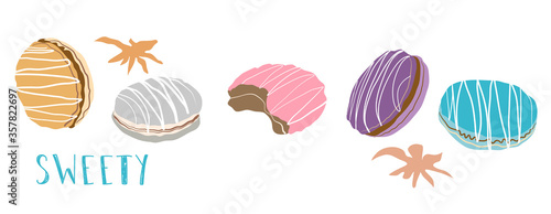 Set of colorful macaroons, macaron almond cakes, hand drawn vector illustration isolated on white background. Biscuits with vanilla, lavender, raspberry flavor,sweet,beautiful dessert. For cafe menu