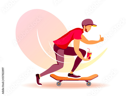 Young man on skateboard with cup. Skateboarding, Sport, Youth, Summer, Active lifestyle, Leisure concept. Isolated vector illustration for poster, banner, card, cover.