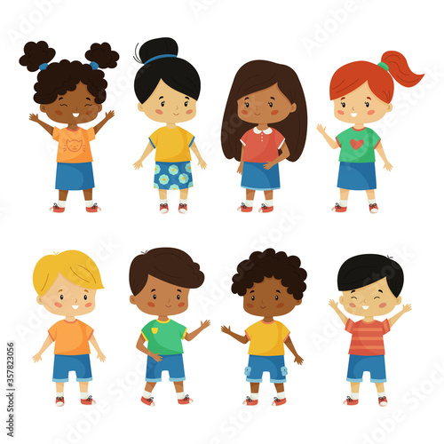 Vector set of happy kids. Cartoon kawaii children of different nationalities. Kindergarten kids characters. Boys and girls of different races.