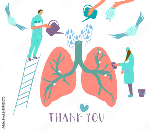 Thank you doctors.Man and woman in medical clothes taking care about lungs.Watering can and face masks around.Doctors save lungs.Vector hand drawn illustration about pandemic and virus infection Covid