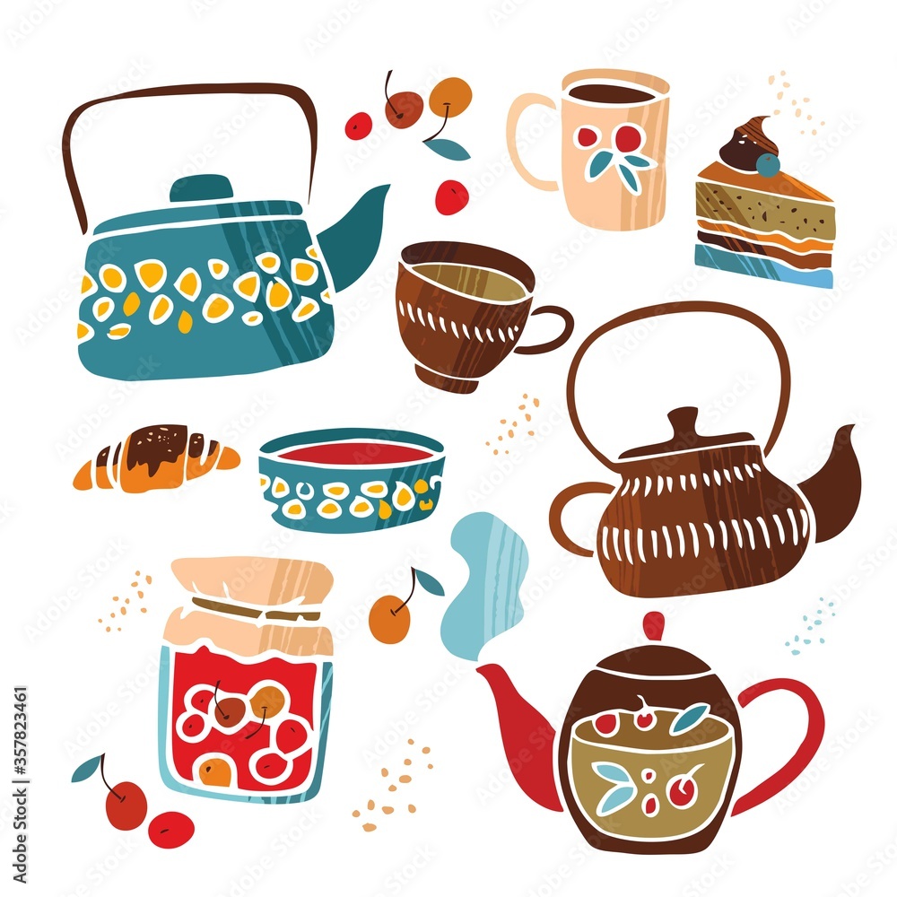 Set of decorative tableware teapots, cups, jam, cherries, cake, croissants. Elements of kitchen utensils in Scandinavian style for the decorб, about a happy life, comfort, hygge. Vector illustration. Set of decorative tableware teapots, cups, jam, cherries, cake, croissants. Elements of kitchen utensils in Scandinavian style for the decorб, about a happy life, comfort, hygge. Vector illustration.