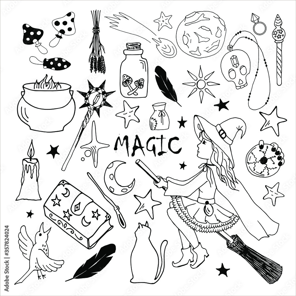 Obraz premium Halloween, magic, the occult. A set of contour drawings of magic items. Vector image. Isolated elements on a white background.