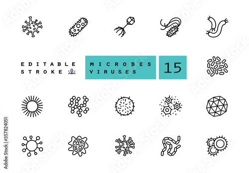 Bacteria, Microbe and Virus Vector Line Icons Set. Viral and Bacterial Infection, Colony of Bacteria, Petri Dish. Coronavirus, COVID-19. Outline symbols pack. Editable Stroke.