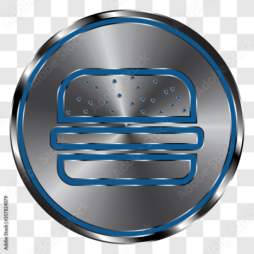 Burger simple icon, vector on metal round button. Transparent grid