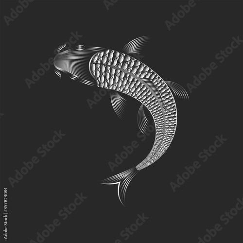 Carp koi fish silhouette top view, linear art for tattoo design or fashion print on clothes.