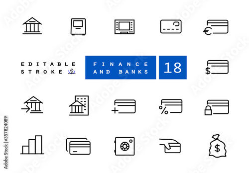 Finance, banking, investing vector linear icons set. Elements banking outline symbols pack. Collection of simple finance object icons isolated contour illustrations. Bank card. ATM. POS terminal